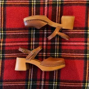 Swedish Hasbeens Brown Leather Heeled Clogs